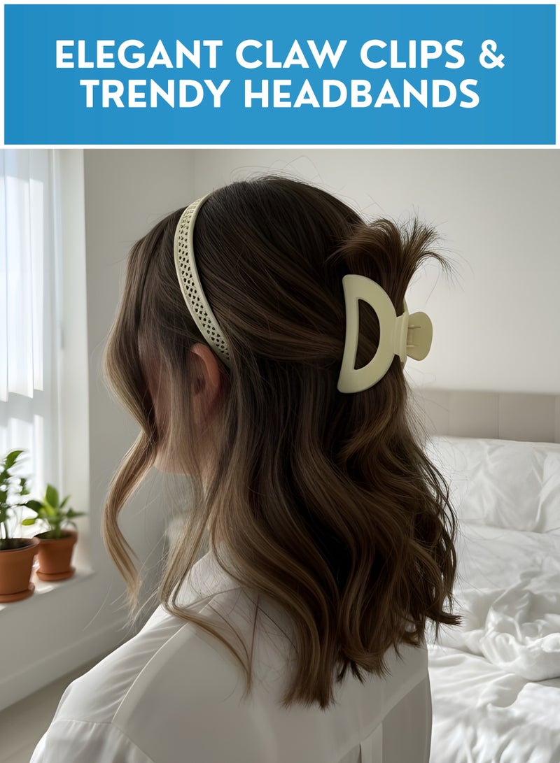 Hair Accessories Set for Women – 8PCS Combo (4 Hair Claw Clips + 4 Headbands), Strong Grip Plastic Hair Clips for Thick & Thin Hair, Daily Use Neutral Color Hair Bands - Image 4